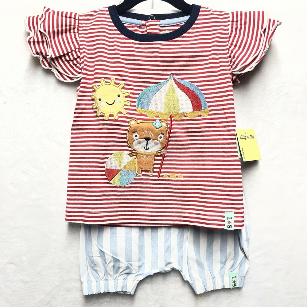 Lilly + Sid Applique Short Set Baby Girl 12-18m Beach Ruffle Sleeve Embroidered